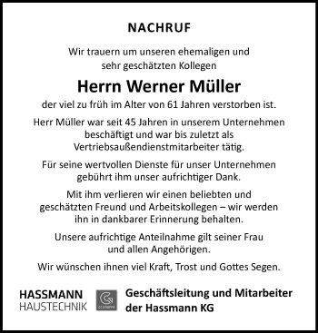 Traueranzeige von Werner Müller von Frankenpost