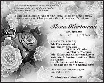 Traueranzeige von Ilona Hartmann von Südthüringer Presse