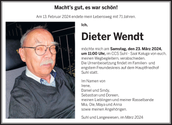 Traueranzeige von Dieter Wendt von Südthüringer Presse