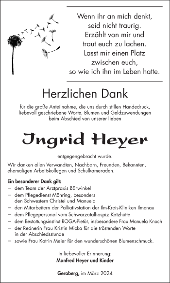 Traueranzeige von Ingrid Heyer von Südthüringer Presse