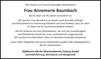 Traueranzeige von Annemarie Baumbach von Neue Presse Coburg