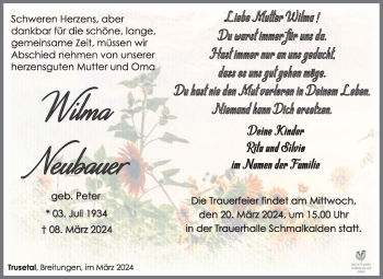 Traueranzeige von Wilma Neubauer von Südthüringer Presse