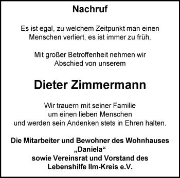 Traueranzeige von Dieter Zimmermann von Südthüringer Presse