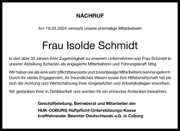 Traueranzeige von Isolde Schmidt von Neue Presse Coburg