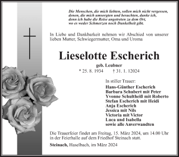Traueranzeige von Lieselotte Escherich von Südthüringer Presse
