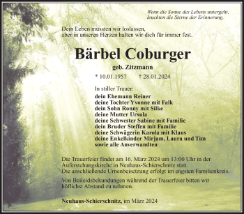 Traueranzeige von Bärbel Coburger von Südthüringer Presse