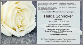 Traueranzeige von Helga Schricker von Frankenpost