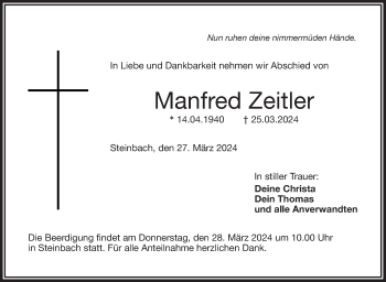 Traueranzeige von Manfred Zeitler von Frankenpost