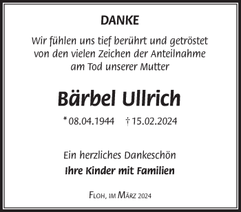 Traueranzeige von Bärbel Ullrich von Südthüringer Presse