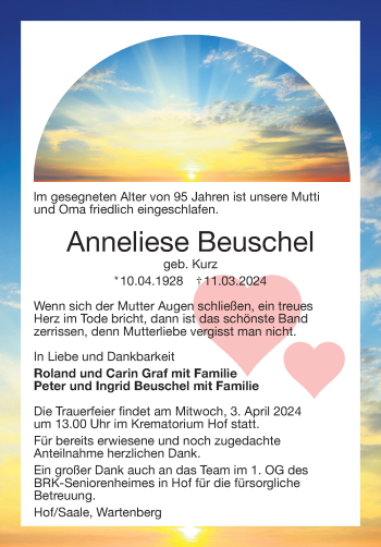 Traueranzeige von Anneliese Beuschel von Frankenpost
