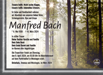 Traueranzeige von Manfred Bach von Südthüringer Presse