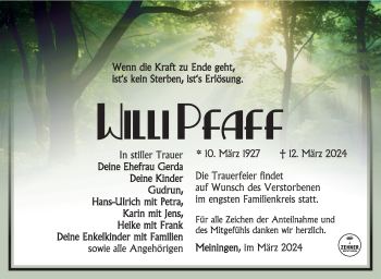 Traueranzeige von Willi Pfaff von Südthüringer Presse