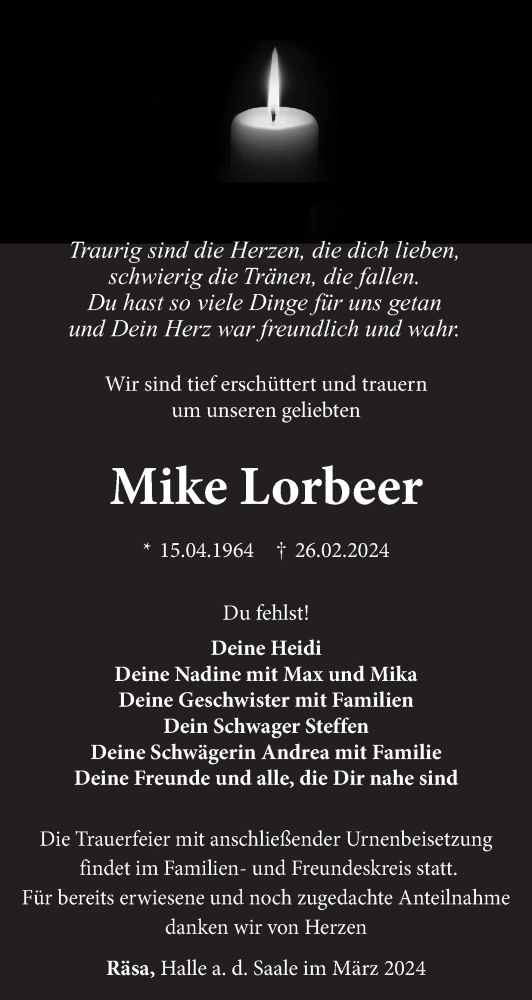  Traueranzeige für Mike Lorbeer vom 01.03.2024 aus Südthüringer Presse