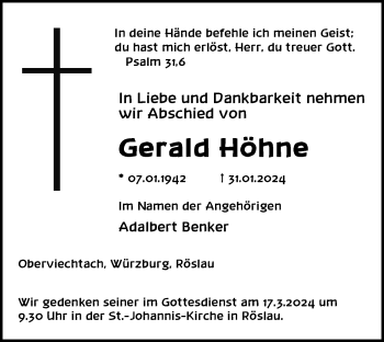Traueranzeige von Gerald Höhne von Frankenpost