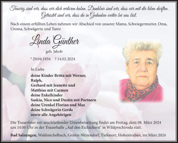 Traueranzeige von Linda Günther von Südthüringer Presse