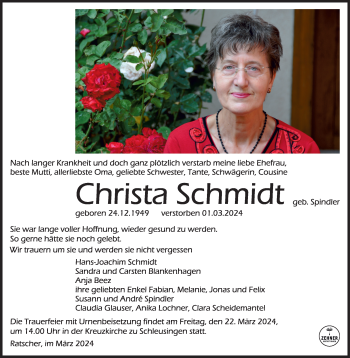 Traueranzeige von Christa Schmidt von Südthüringer Presse