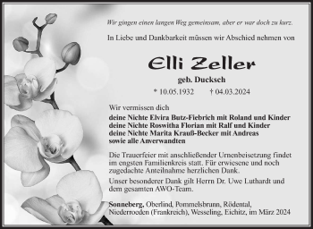 Traueranzeige von Elli Zeller von Südthüringer Presse