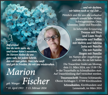 Traueranzeige von Marion Fischer von Südthüringer Presse