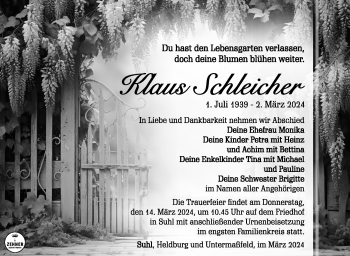 Traueranzeige von Klaus Schleicher von Südthüringer Presse