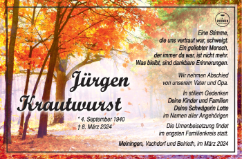 Traueranzeige von Jürgen Krautwurst von Südthüringer Presse