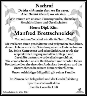 Traueranzeige von Manfred Brettschneider von Südthüringer Presse