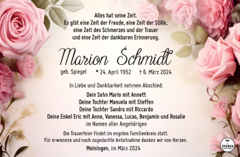 Traueranzeige von Marion Schmidt von Südthüringer Presse