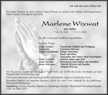 Traueranzeige von Marlene Wixwat von Südthüringer Presse