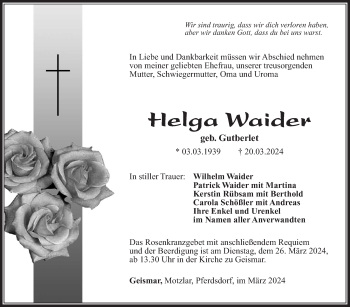 Traueranzeige von Helga Waider von Südthüringer Presse
