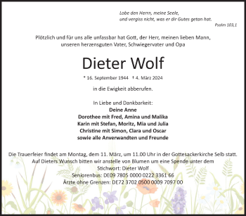 Traueranzeige von Dieter Wolf von Frankenpost