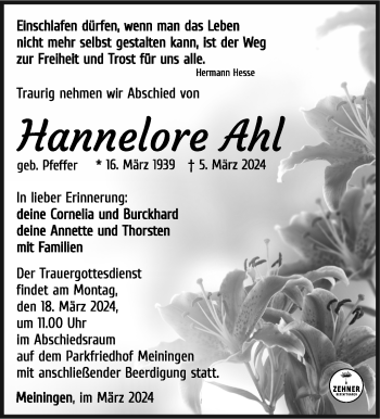 Traueranzeige von Hannelore Ahl von Südthüringer Presse