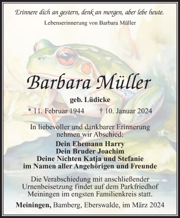 Traueranzeige von Barbara Müller von Südthüringer Presse