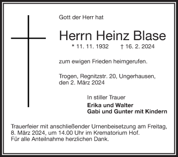 Traueranzeige von Heinz Blase von Frankenpost