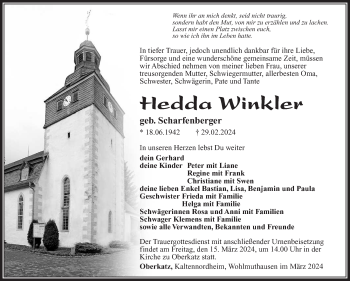 Traueranzeige von Hedda Winkler von Südthüringer Presse