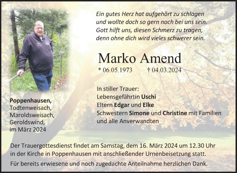  Traueranzeige für Marko Amend vom 09.03.2024 aus Südthüringer Presse