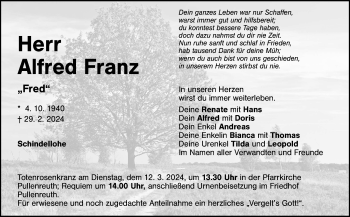 Traueranzeige von Alfred Franz von Frankenpost