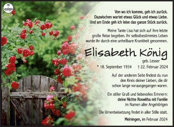 Traueranzeige von Elisabeth König von Südthüringer Presse