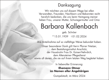 Traueranzeige von Barbara Kallenbach von Südthüringer Presse