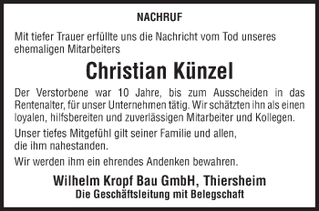 Traueranzeige von Christian Künzel von Frankenpost