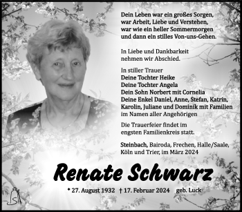 Traueranzeige von Renate Schwarz von Südthüringer Presse