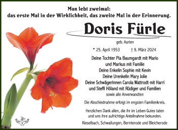 Traueranzeige von Doris Fürle von Südthüringer Presse