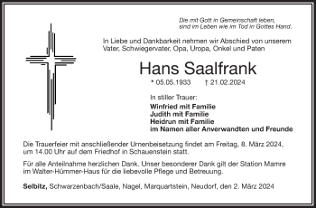 Traueranzeige von Hans Saalfrank von Frankenpost