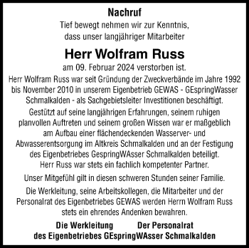 Traueranzeige von Wolfram Russ von Südthüringer Presse