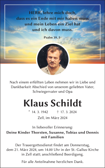 Traueranzeige von Klaus Schildt von Frankenpost