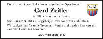 Traueranzeige von Gerd Zeitler von Frankenpost