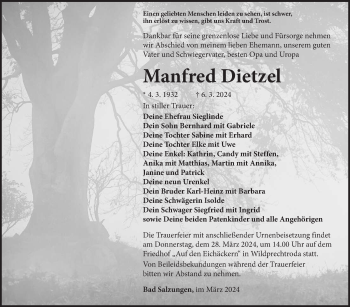 Traueranzeige von Manfred Dietzel von Südthüringer Presse
