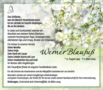 Traueranzeige von Werner Blaufuß von Südthüringer Presse