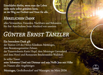 Traueranzeige von Günter Tänzler von Südthüringer Presse