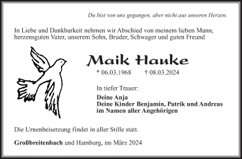Traueranzeige von Maik Hauke von Südthüringer Presse