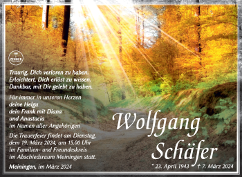 Traueranzeige von Wolfgang Schäfer von Südthüringer Presse