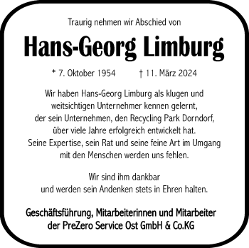 Traueranzeige von Hans-Georg Limburg von Südthüringer Presse